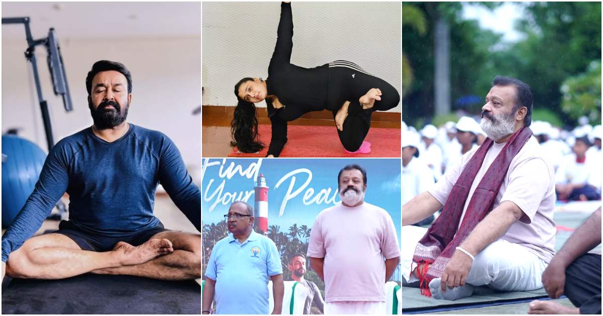 Suresh Gopi Mohanlal Samyuktha Varma In Yoga Day